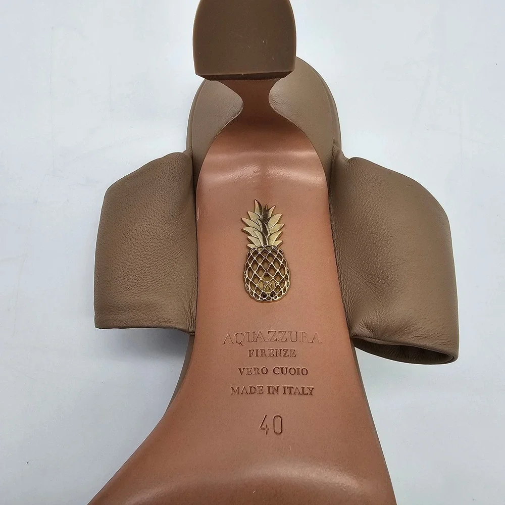 Aquazzura Twist Sandal 75 Women Size 40 US 10 New Nude Leather Kitten Heel Mules
